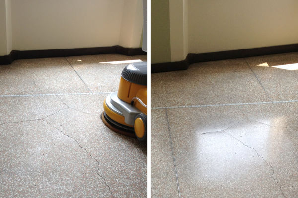 cristallizazione pavimento in graniglia, Parma, prima e dopo il trattamento.